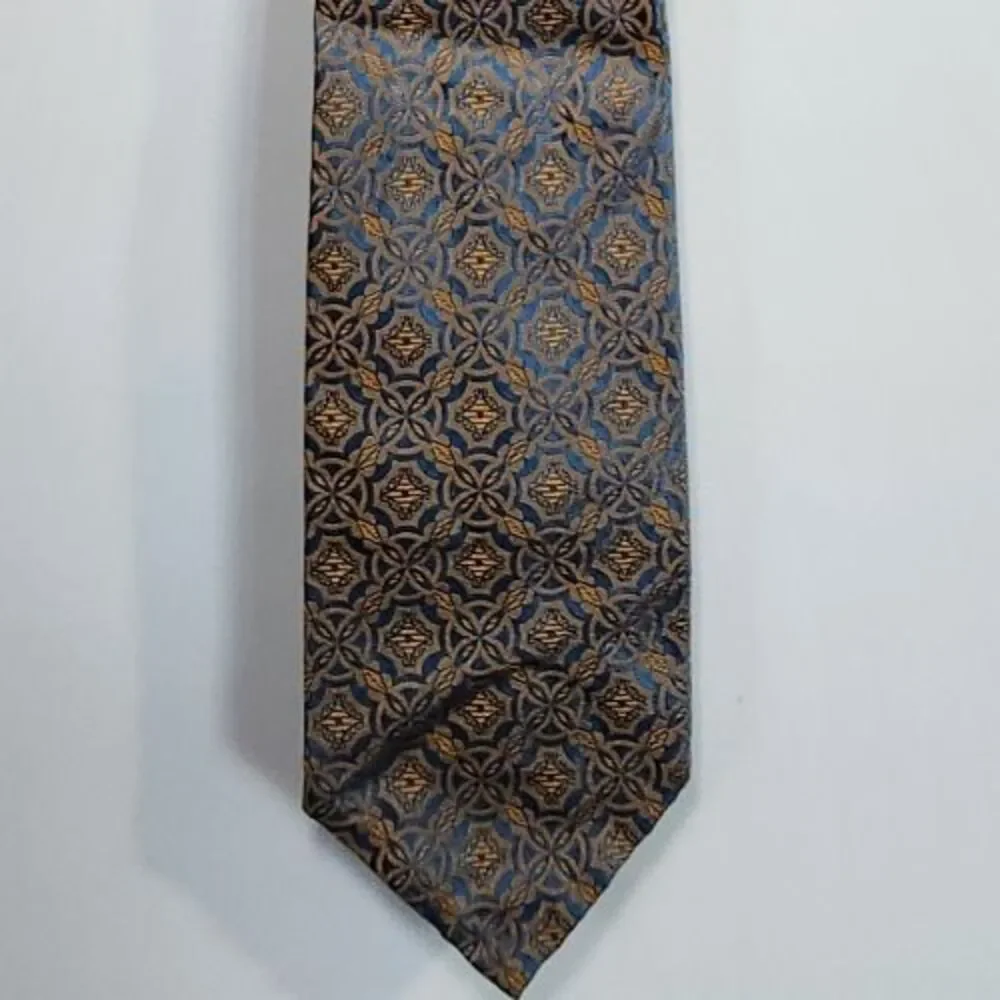 Nino Orsini Designer Silk Tie Blue Gold Plaid Geometric Vintage 50s Mid Century